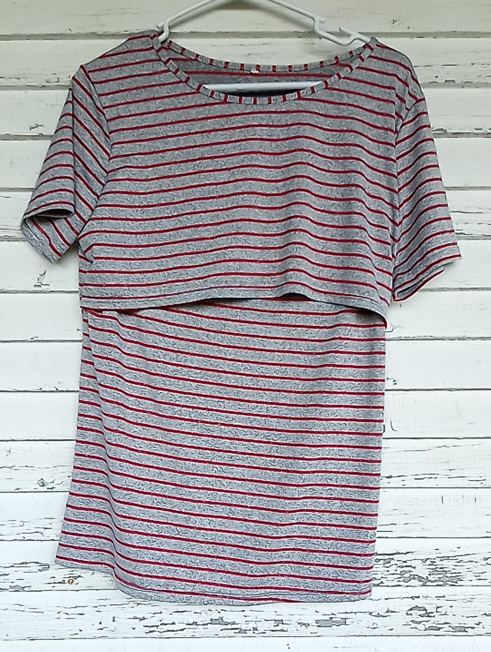 Striped Gray and Red Short Sleeve Nursing/Layered Top